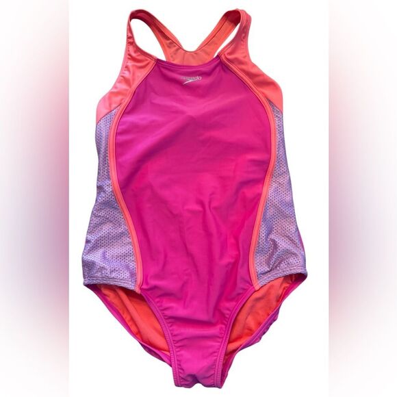 Speedo Big Girl's Swimsuit One Piece Mesh Splice Thick Strap, Size 16, Rose - Picture 2 of 3